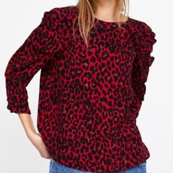 Zara Puff Sleeve Red/Black Animal Print Top Size S - Picture 10 of 11